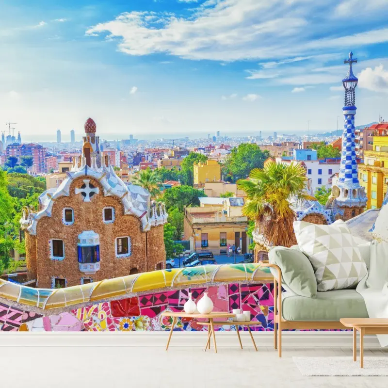 Fototapete lebendiges Barcelona Park Güell mosaik panorama