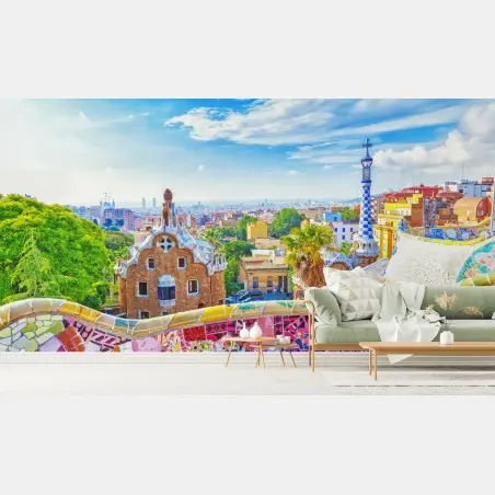 Fototapete lebendiges Barcelona Park Güell mosaik panorama – Pixers®