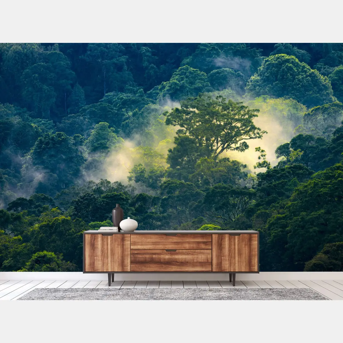 Fototapete nebliger regenwald mit baumkronen – Pixers®