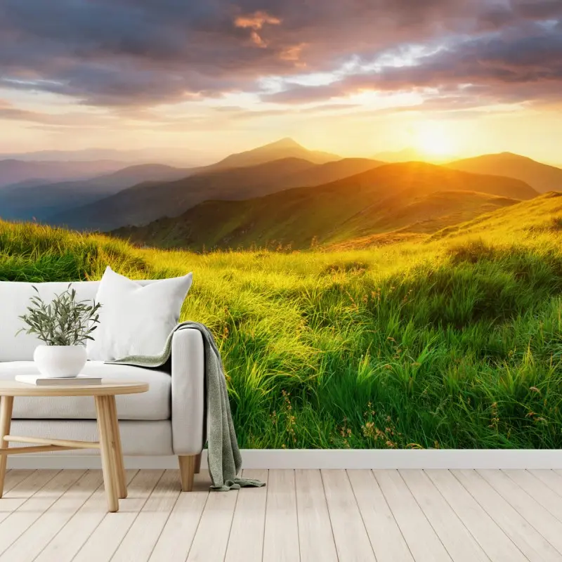 Fototapete sonnige bergwiese bei sonnenaufgang