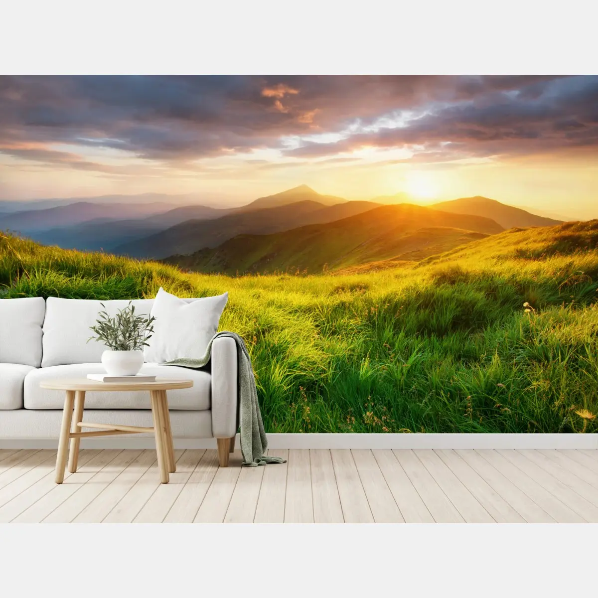 Fototapete sonnige bergwiese bei sonnenaufgang – Pixers®