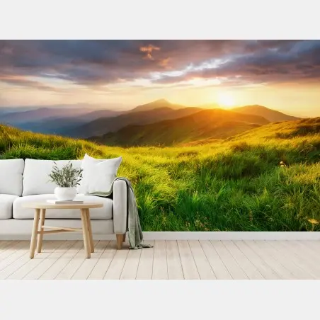 Fototapete sonnige bergwiese bei sonnenaufgang – Pixers®