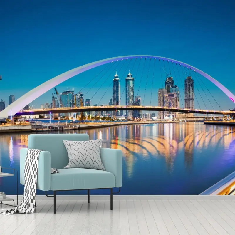 Fototapete Dubai skyline bei nacht mit beleuchteter brücke