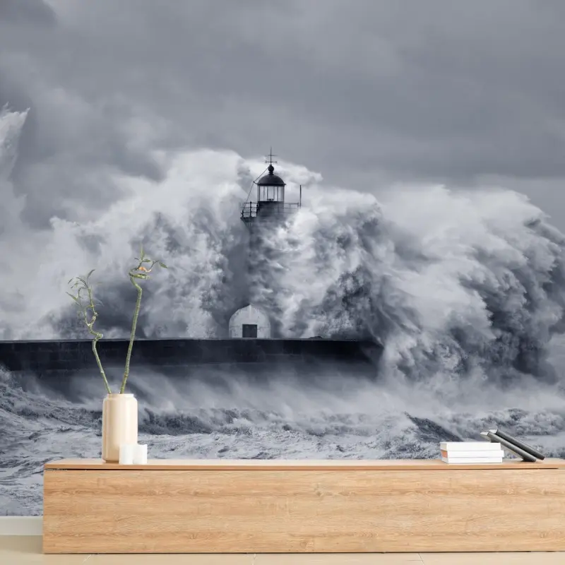 Fototapete leuchtturm von mächtigen wellen umgeben