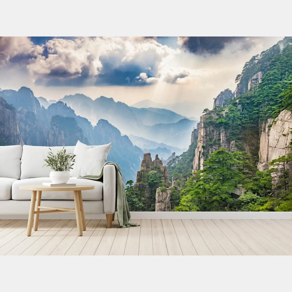 Fototapete neblige bergklippen mit sonnenstrahlen – Pixers®