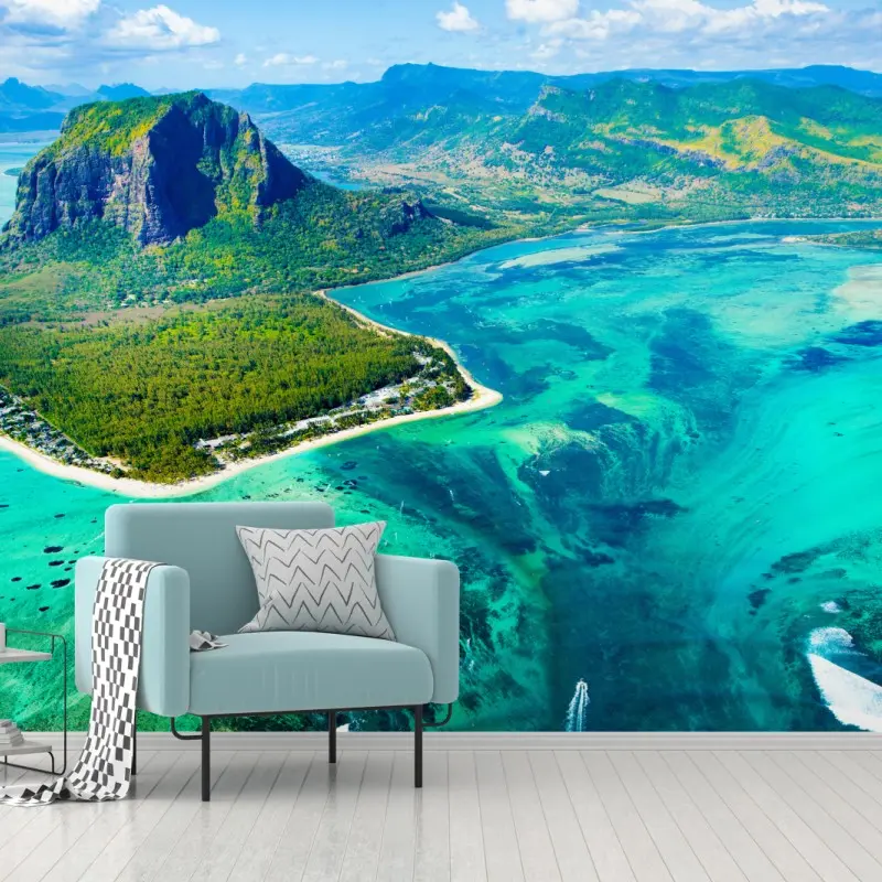 Fototapete türkisfarbene lagune aus der luft, Mauritius
