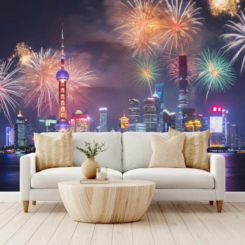 Fototapete Shanghai skyline mit feuerwerk über dem Huangpu