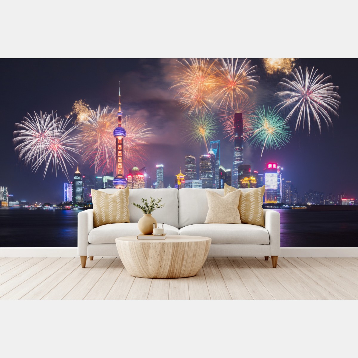 Fototapete Shanghai skyline mit feuerwerk über dem Huangpu – Pixers®