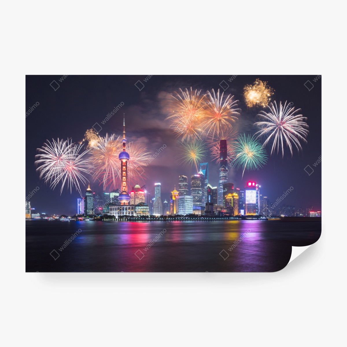 Fototapete Shanghai skyline mit feuerwerk über dem Huangpu – Pixers®