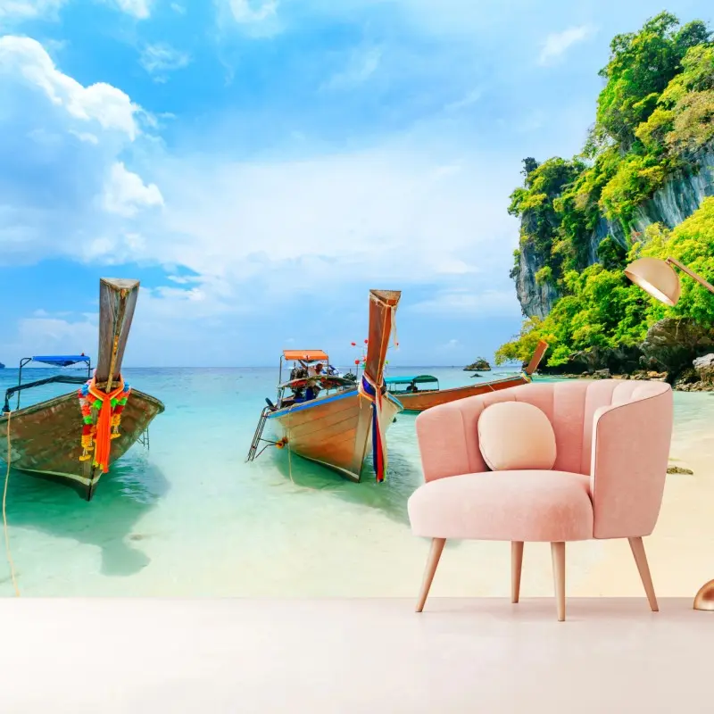 Fototapete longtail-boote am türkisfarbenen strand von Phuket