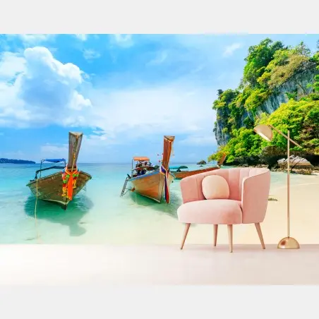 Fototapete longtail-boote am türkisfarbenen strand von Phuket – Pixers®