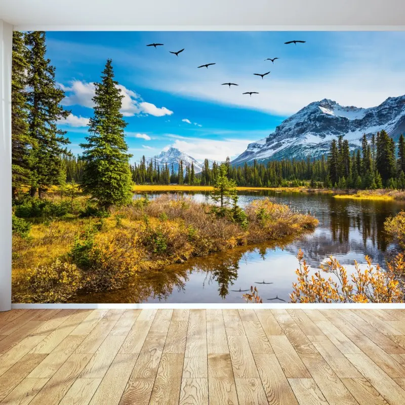 Fototapete herbstlicher bergsee mit vögeln
