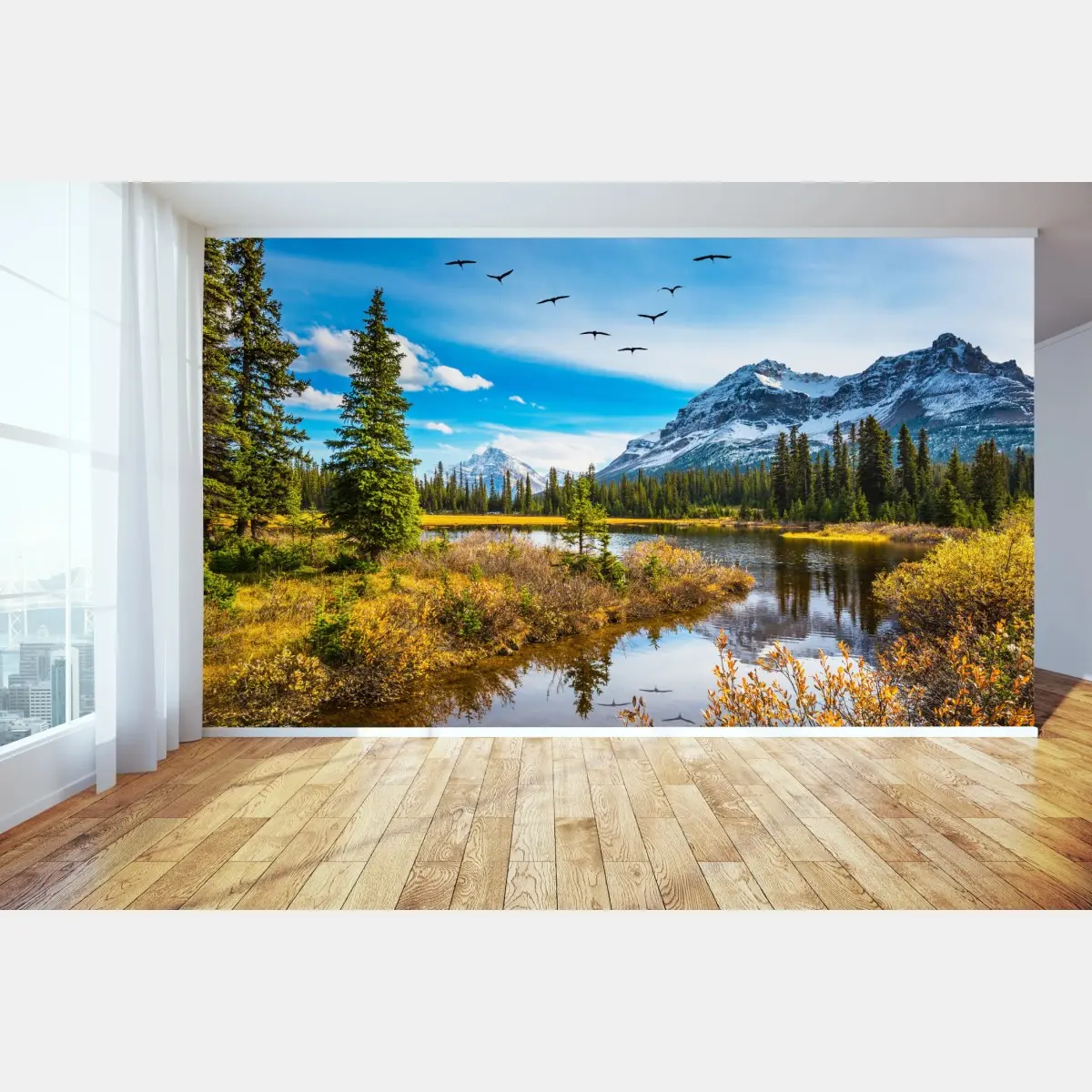 Fototapete herbstlicher bergsee mit vögeln – Pixers®