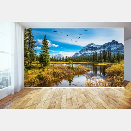 Fototapete herbstlicher bergsee mit vögeln – Pixers®
