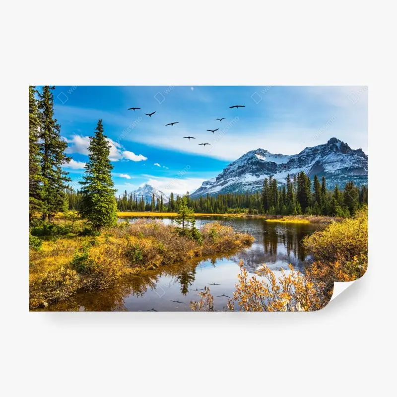Fototapete herbstlicher bergsee mit vögeln