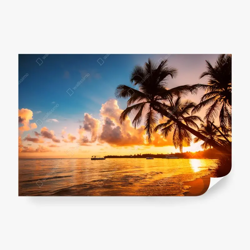 Fototapete tropischer sonnenuntergang mit palmensilhouetten, Dominikanische Republik
