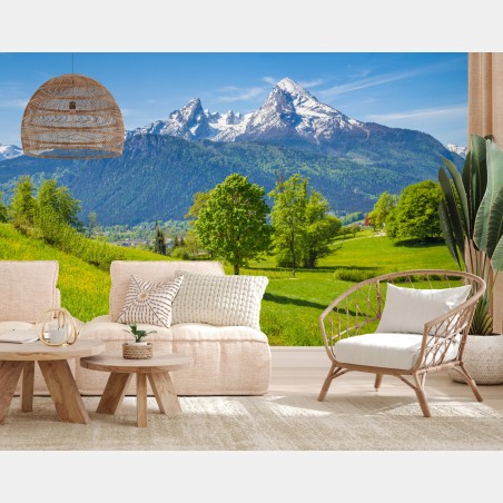 Fototapete ruhige alpenwiese mit berggipfeln – Pixers®