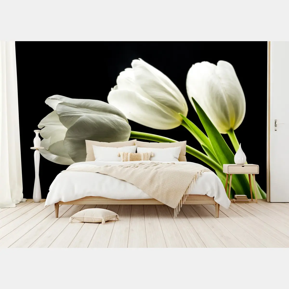 Fototapete elegante weiße tulpen vor schwarzem hintergrund – Pixers®
