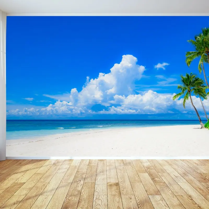 Fototapete tropischer palmenstrand unter blauem himmel