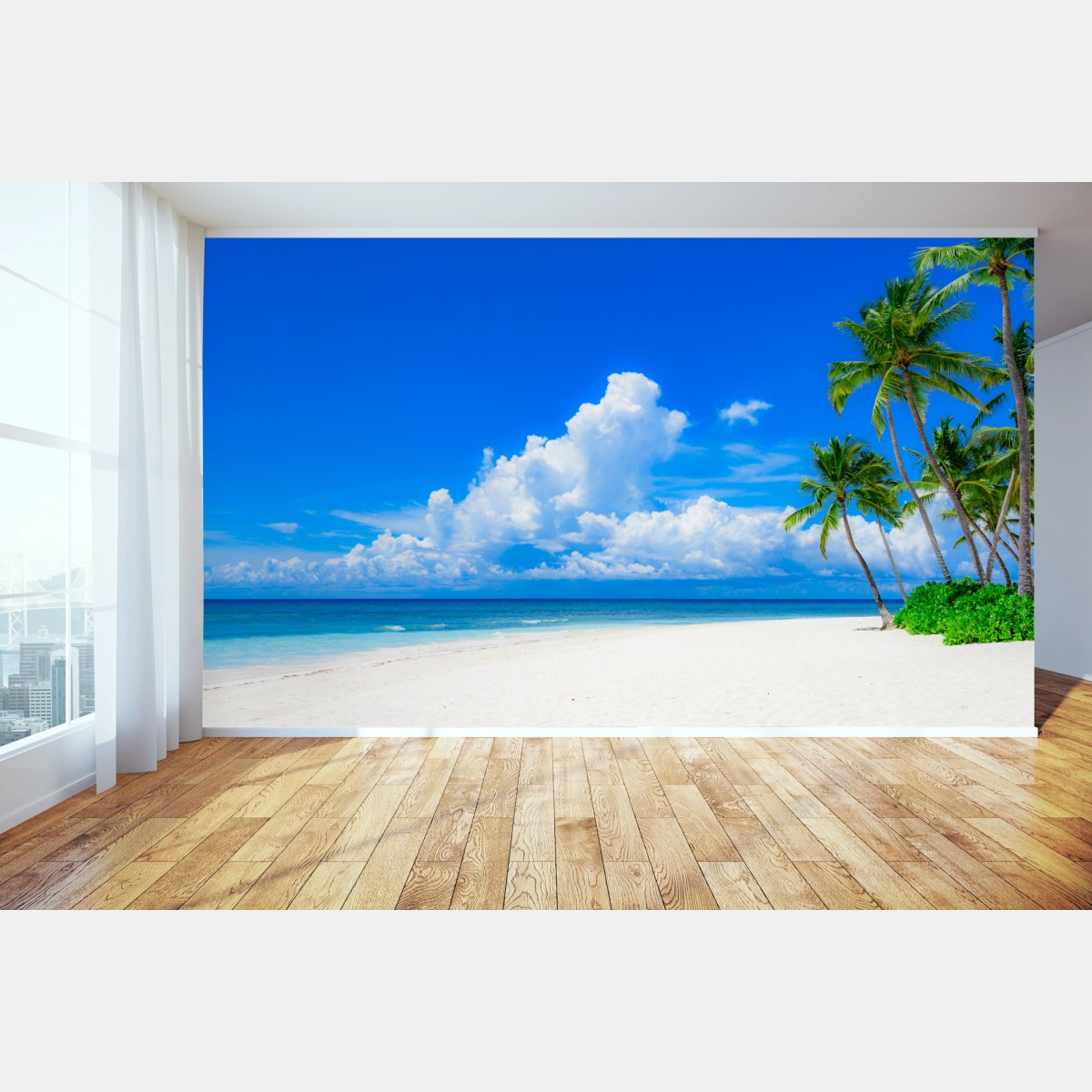 Fototapete tropischer palmenstrand unter blauem himmel – Pixers®