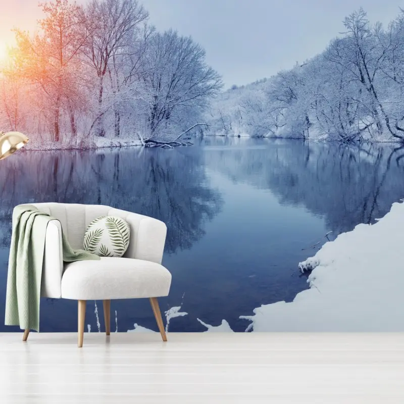 Fototapete winterliche flusslandschaft bei sonnenuntergang