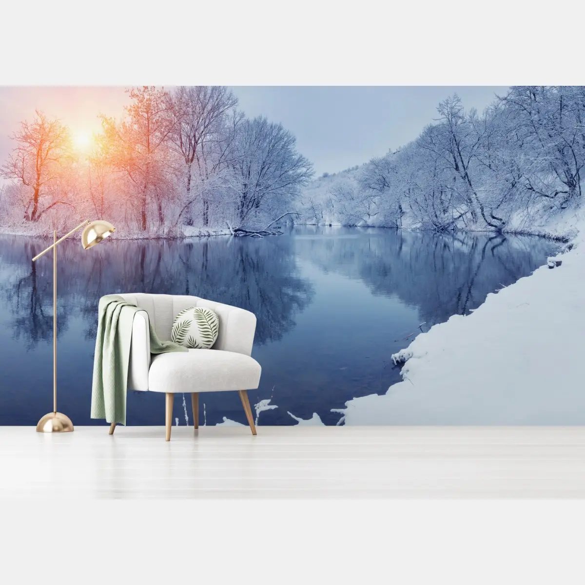 Fototapete winterliche flusslandschaft bei sonnenuntergang – Pixers®