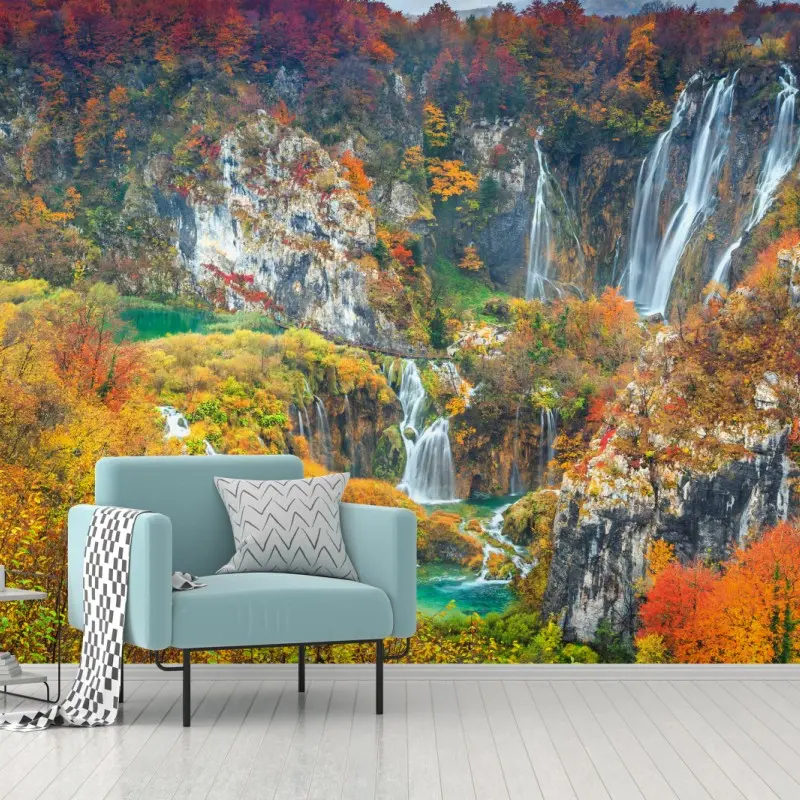 Fototapete herbstliche wasserfälle in einem farbenfrohen wald