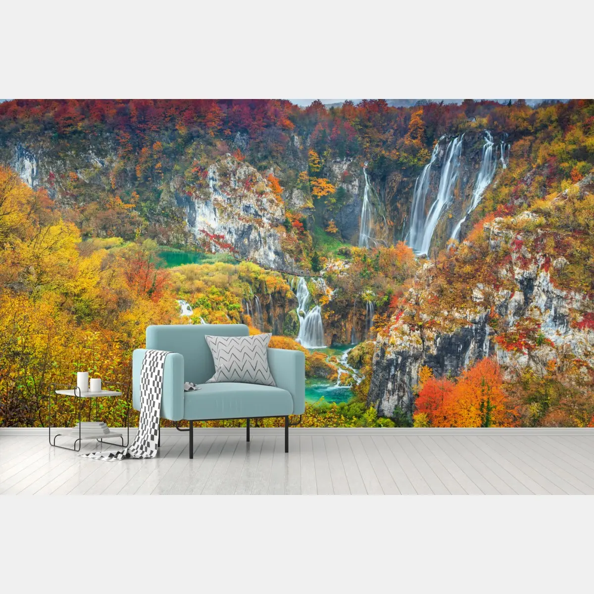 Fototapete herbstliche wasserfälle in einem farbenfrohen wald – Pixers®