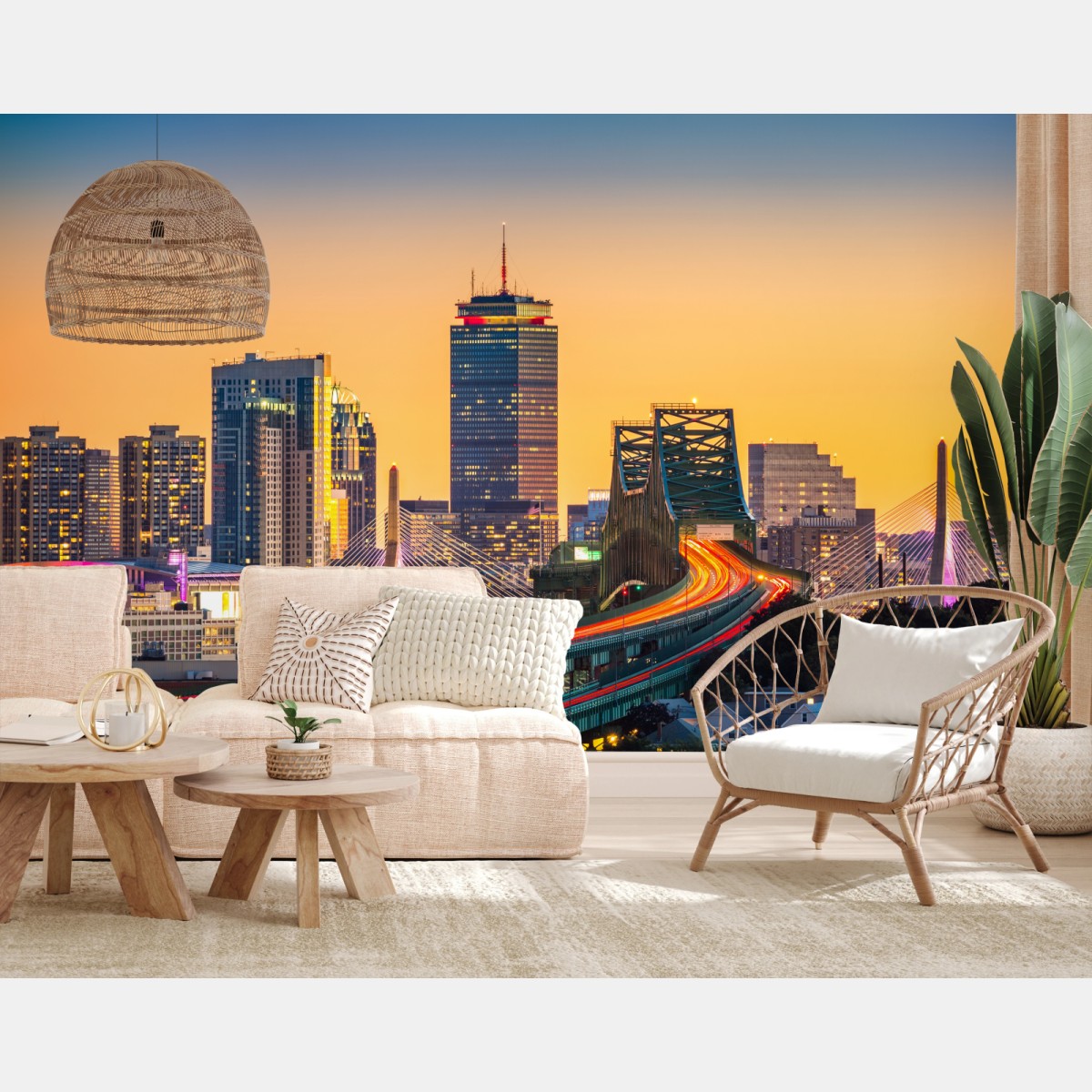 Fototapete panorama von Boston bei sonnenuntergang mit Zakim und Tobin brücken – Pixers®