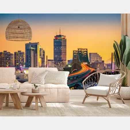 Fototapete panorama von Boston bei sonnenuntergang mit Zakim und Tobin brücken – Pixers®