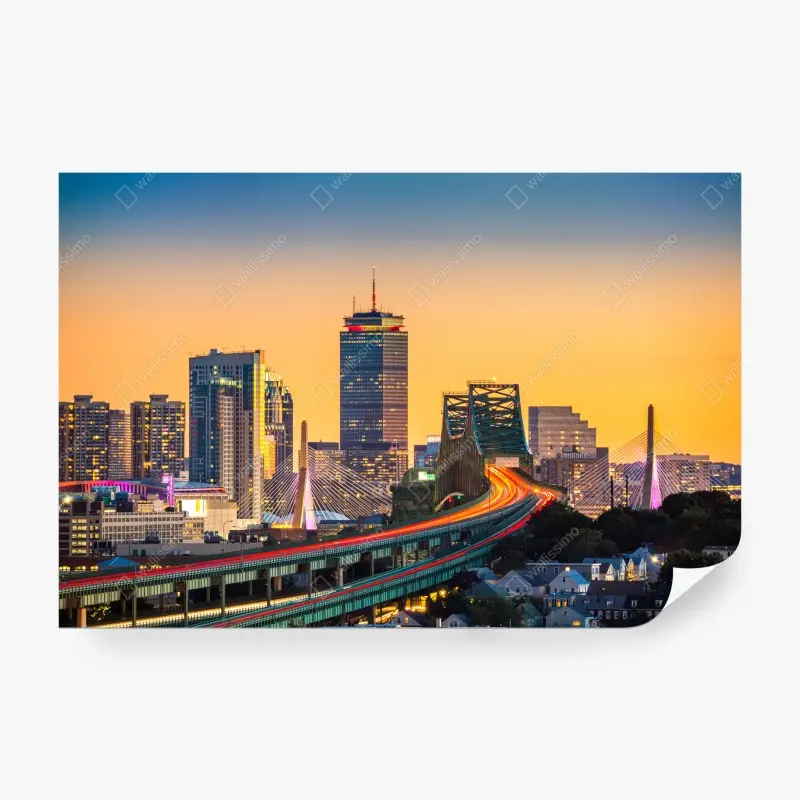 Fototapete panorama von Boston bei sonnenuntergang mit Zakim und Tobin brücken
