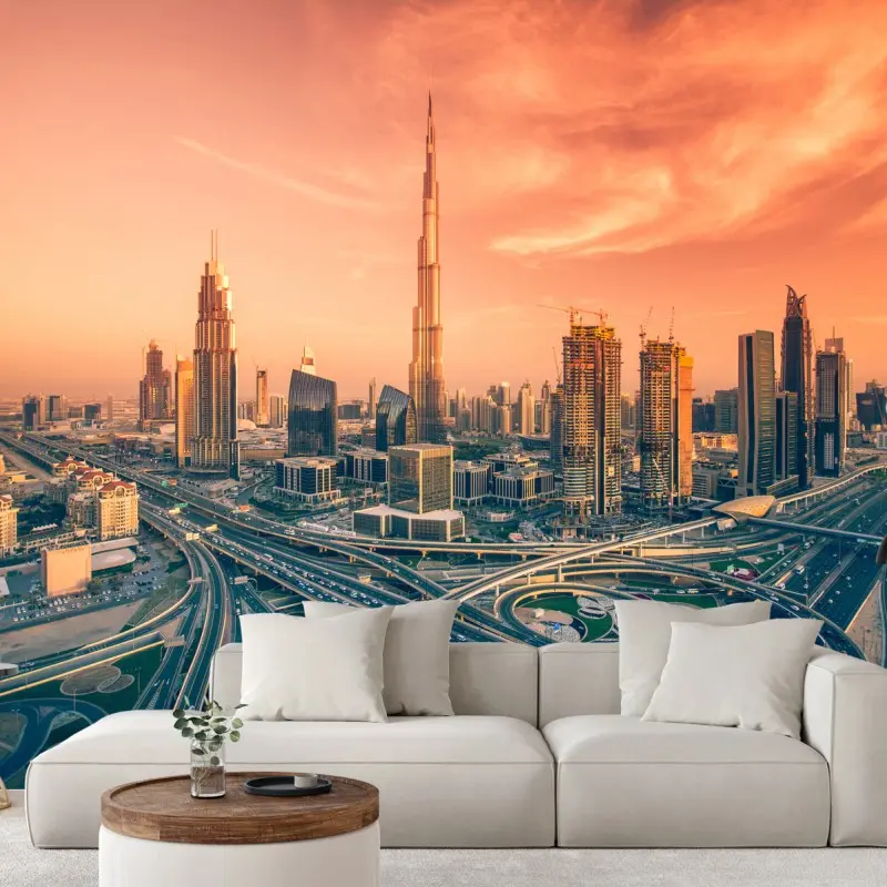 Fototapete Dubai skyline bei sonnenuntergang