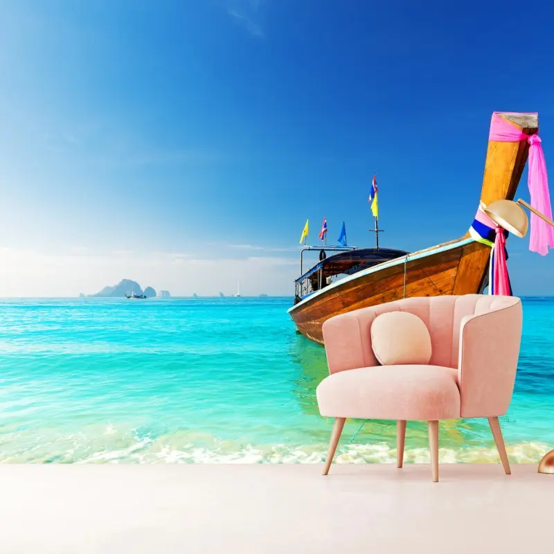Fototapete langheckboot am türkisfarbenen strand, Andamanensee