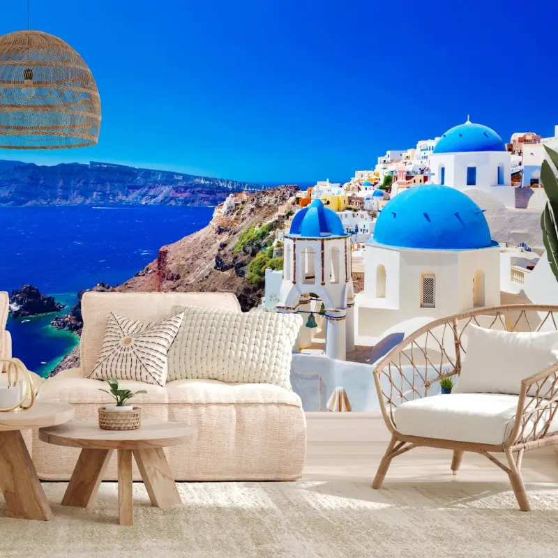 Fototapete Santorini blaue kuppeln über dem Ägäischen Meer