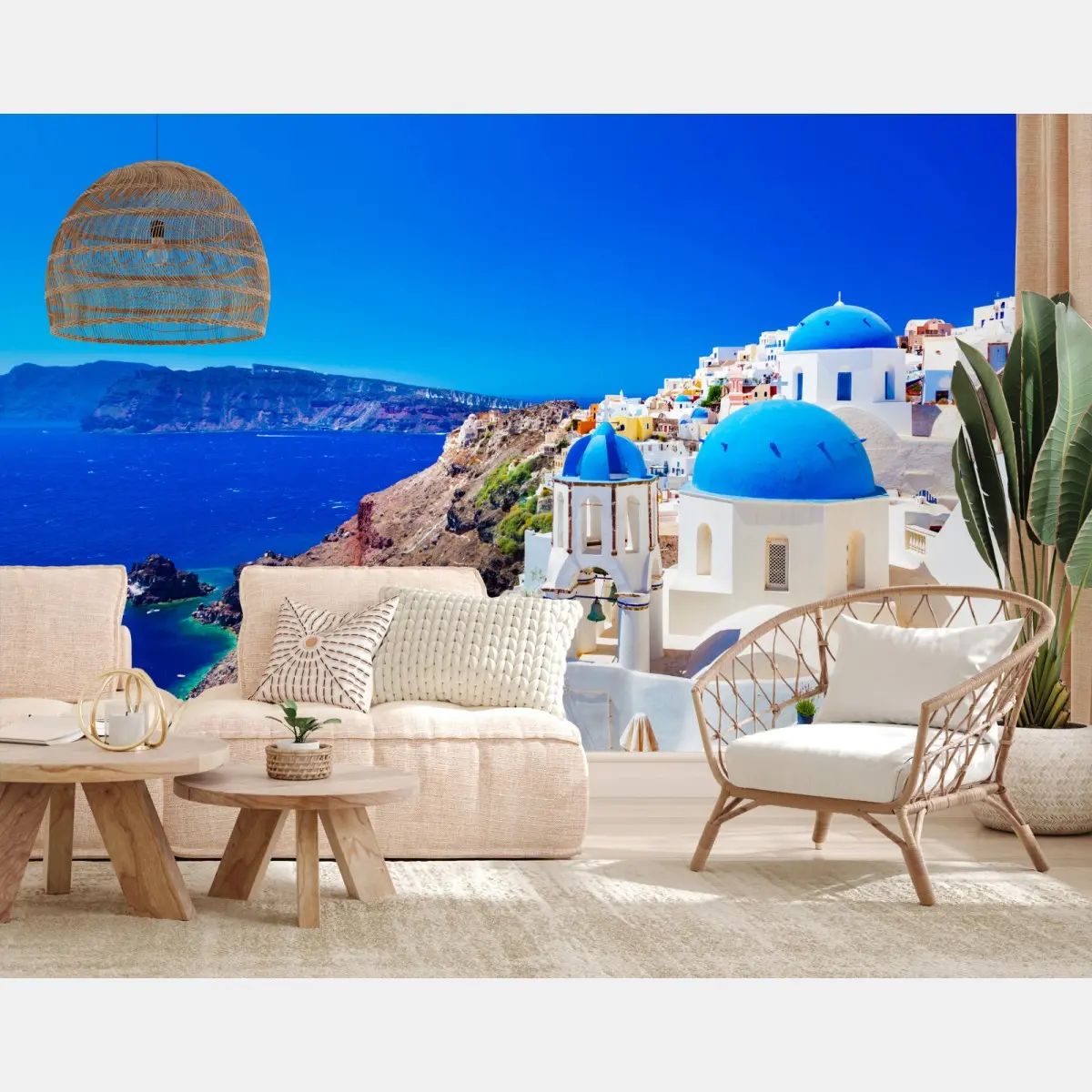 Fototapete Santorini blaue kuppeln über dem Ägäischen Meer – Pixers®