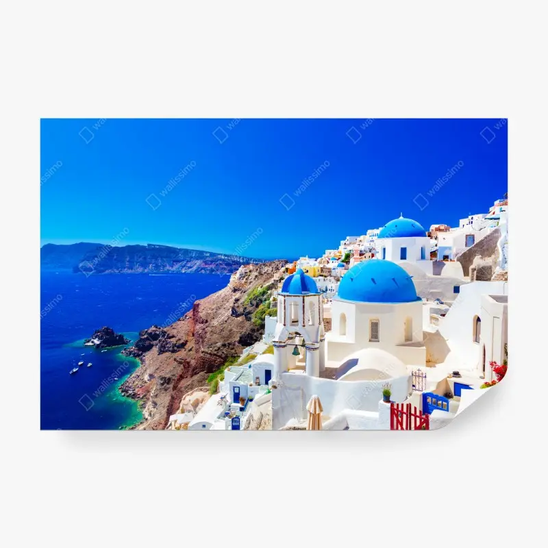 Fototapete Santorini blaue kuppeln über dem Ägäischen Meer