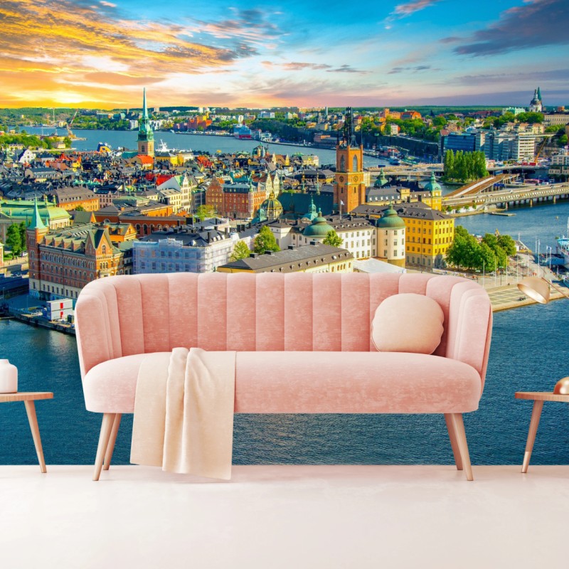 Fototapete lebendige stadtansicht von Stockholm bei sonnenuntergang