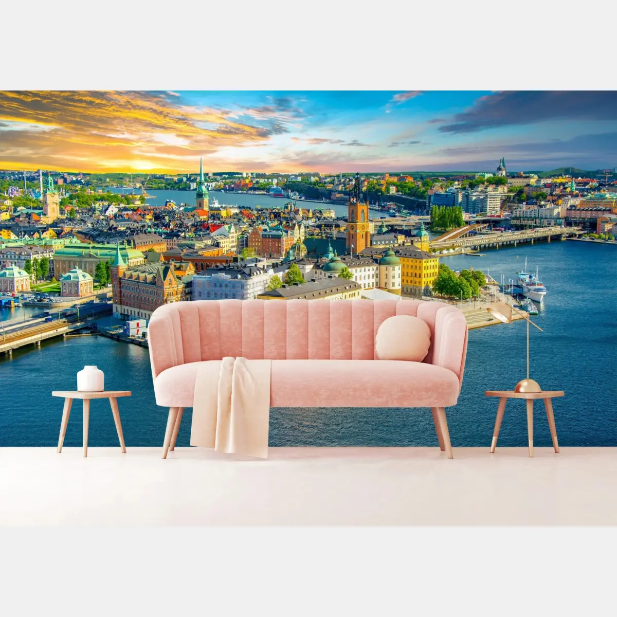 Fototapete lebendige stadtansicht von Stockholm bei sonnenuntergang – Pixers®
