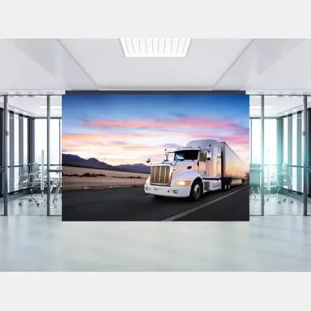 Fototapete lastwagen bei sonnenuntergang auf der autobahn – Pixers®