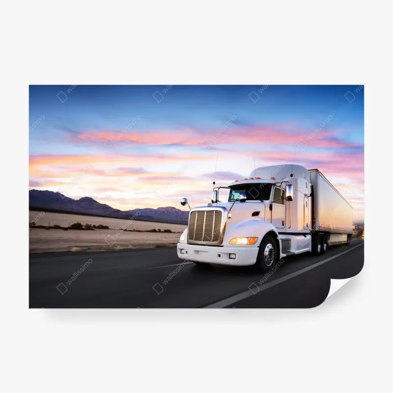 Fototapete lastwagen bei sonnenuntergang auf der autobahn