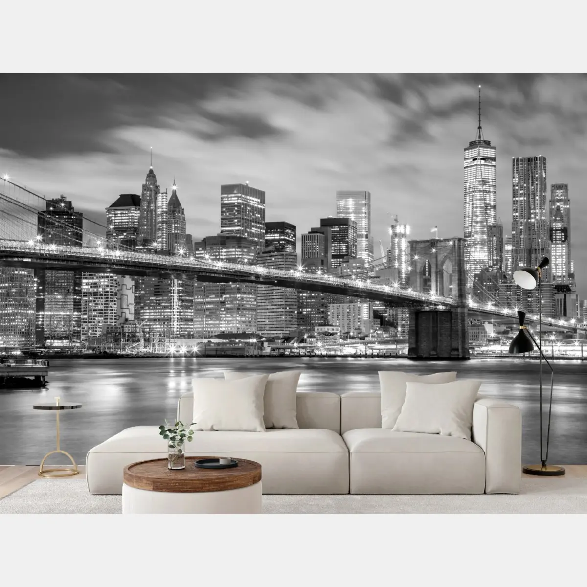 Fototapete schwarzweiß skyline von New York mit Brooklyn Bridge – Pixers®