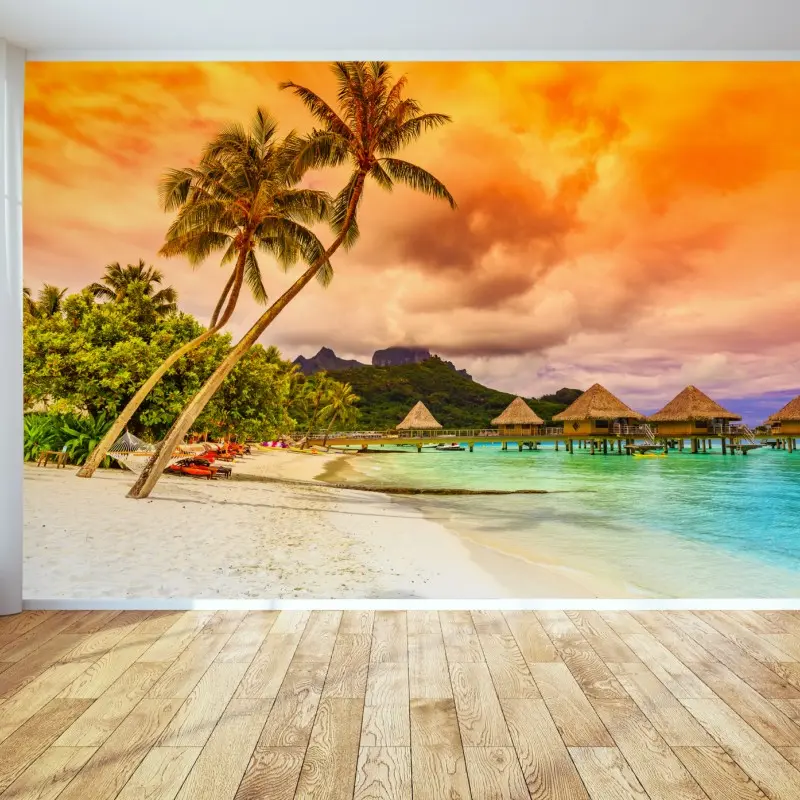 Fototapete sonnenuntergang in Bora Bora über wasserbungalows