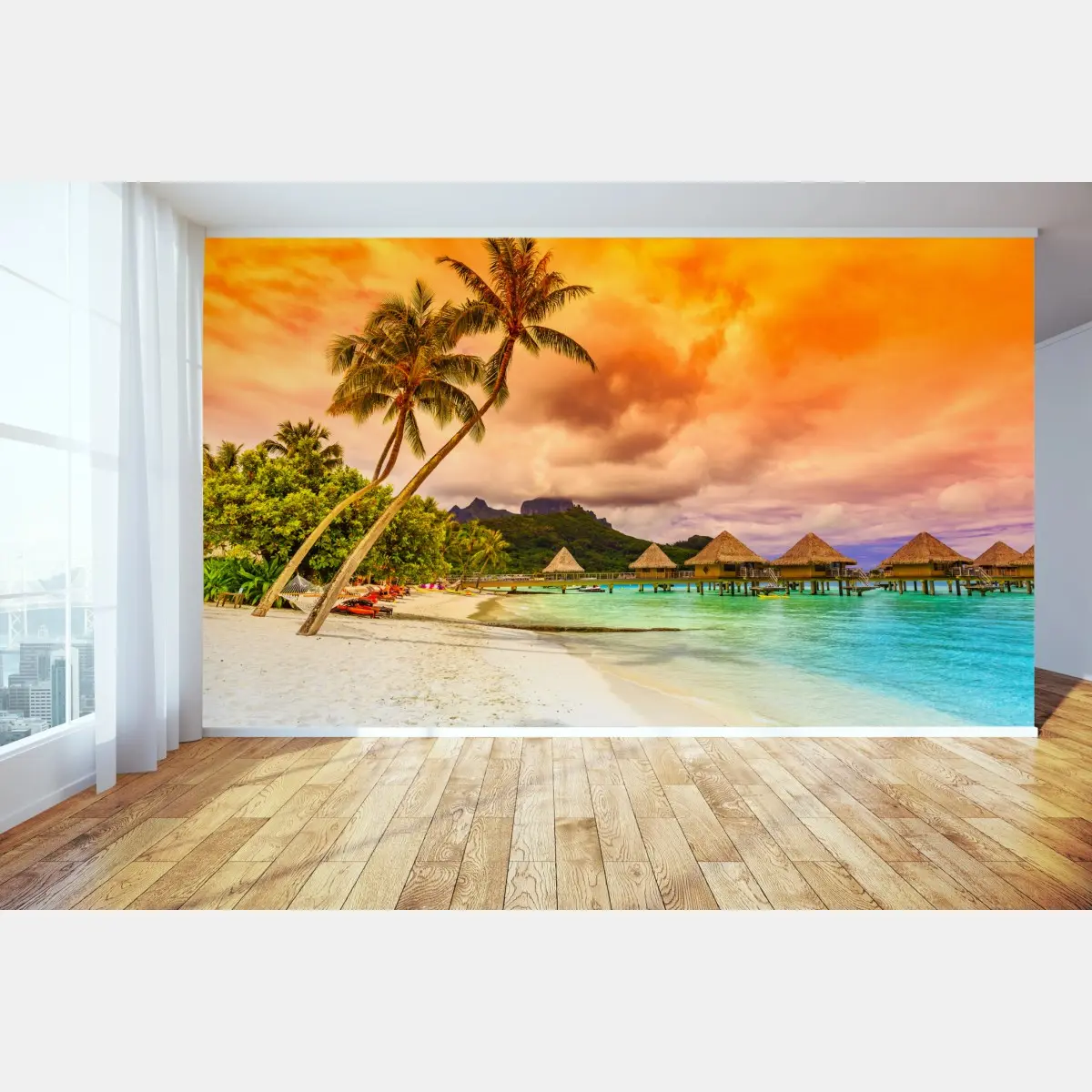 Fototapete sonnenuntergang in Bora Bora über wasserbungalows – Pixers®