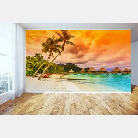 Fototapete sonnenuntergang in Bora Bora über wasserbungalows – Pixers®
