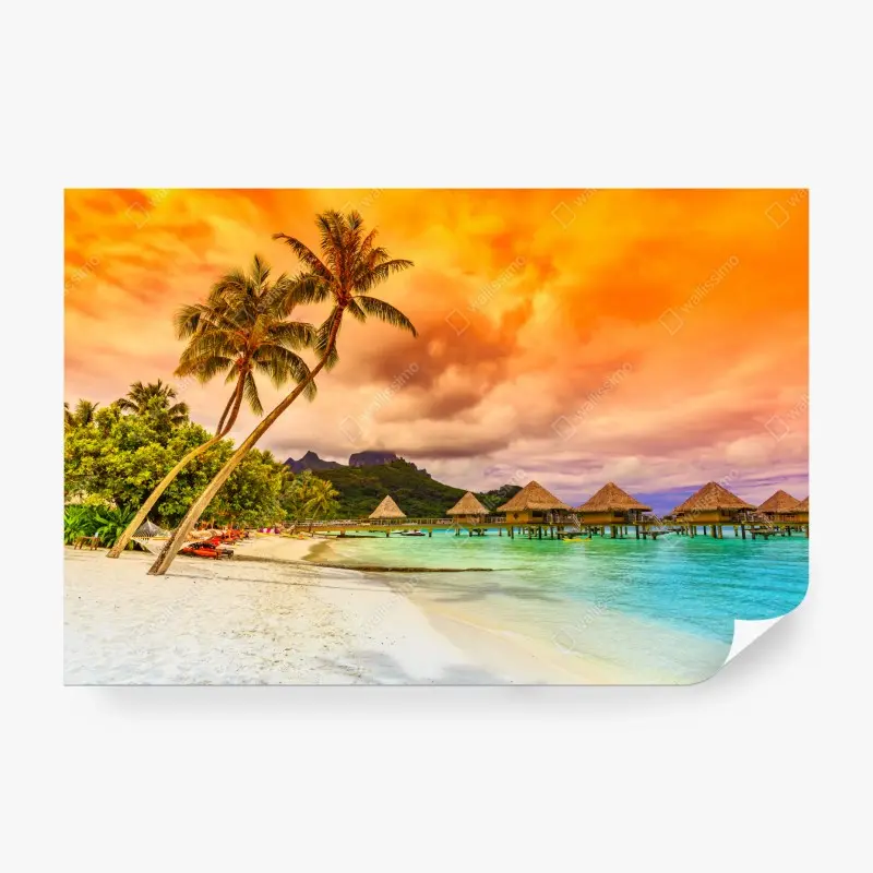 Fototapete sonnenuntergang in Bora Bora über wasserbungalows