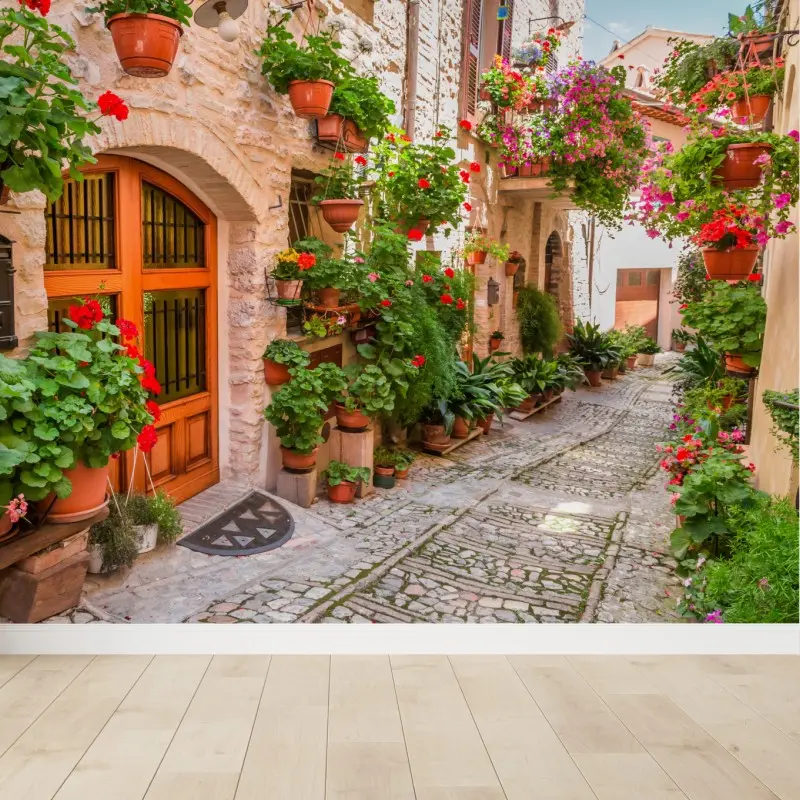 Fototapete sonnige gasse in Italien mit blühenden töpfen