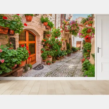 Fototapete sonnige gasse in Italien mit blühenden töpfen – Pixers®