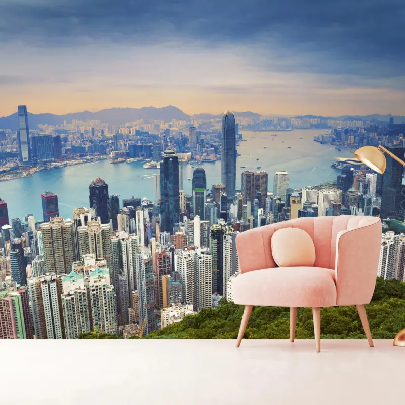 Fototapete Hong Kong stadtpanorama bei dämmerung