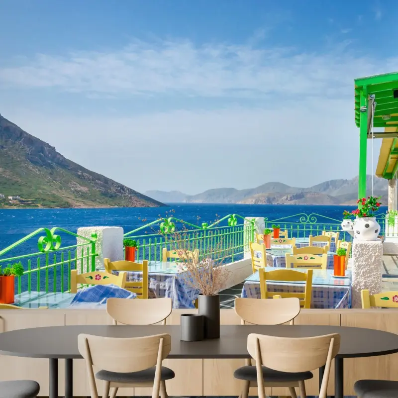 Fototapete sonnige terrasse am meer mit küstenblick