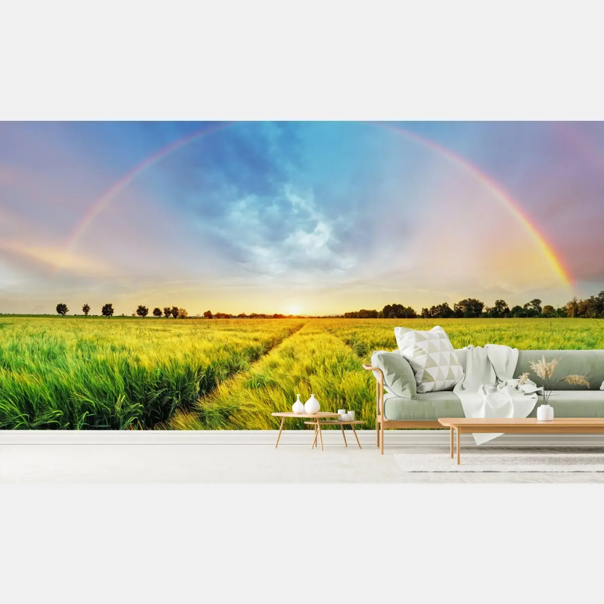 Fototapete regenbogen über goldenem weizenfeld bei sonnenuntergang – Pixers®